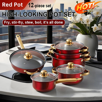 Red Cookware Set, 12-Piece ,Stainless Steel pots and pans,