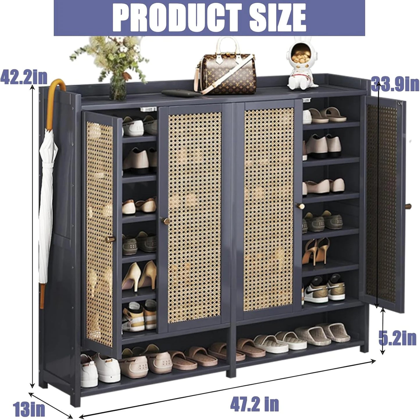 Bamboo Shoe Storage Cabinet With Doors, 38-42 Pairs