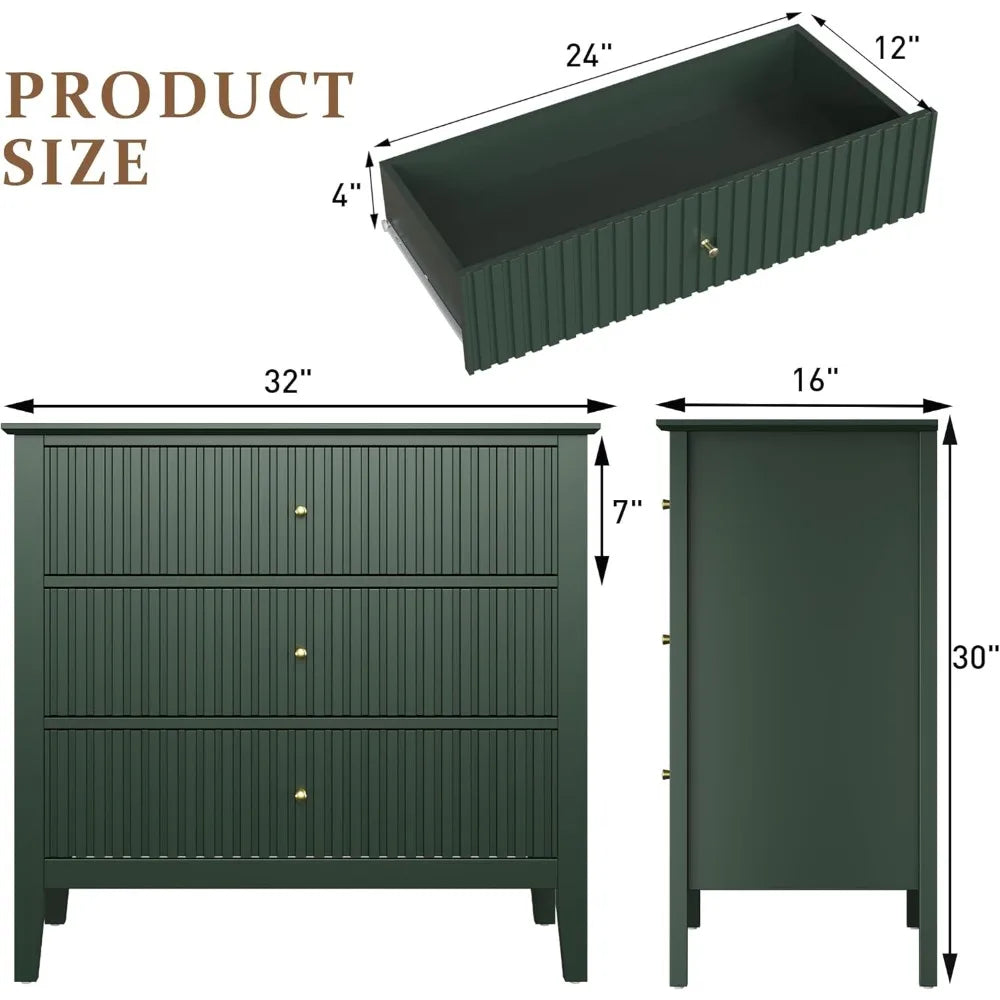 32" Green Fluted 3 Drawer Dresser