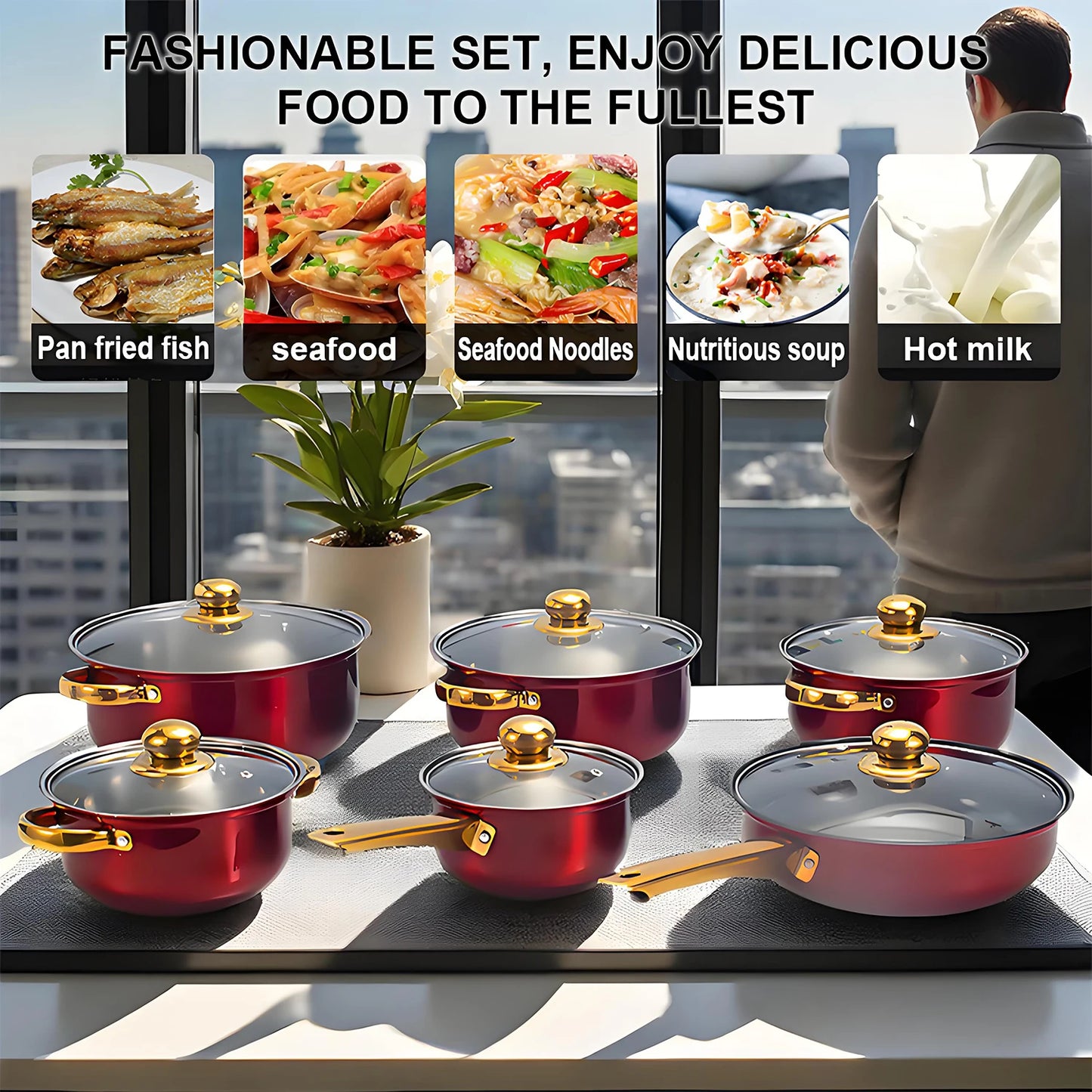 Red Cookware Set, 12-Piece ,Stainless Steel pots and pans,