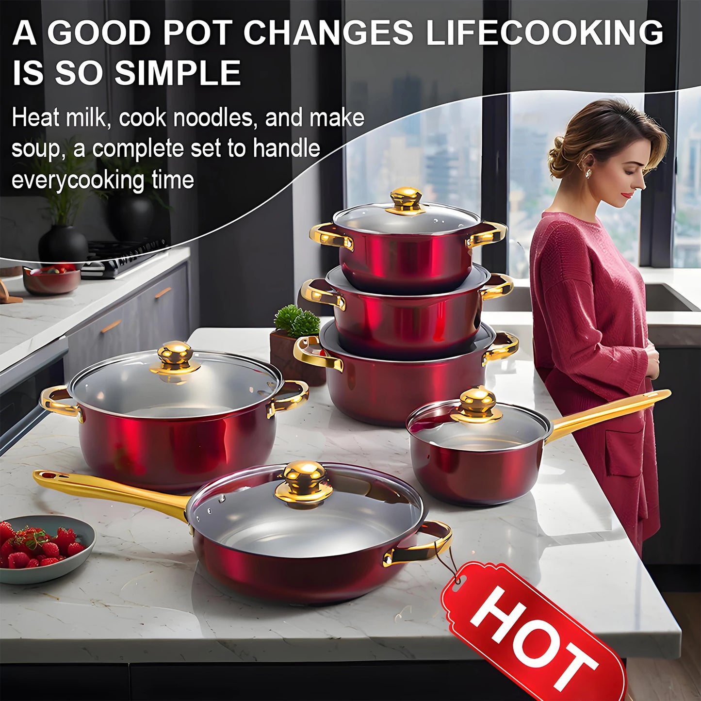 Red Cookware Set, 12-Piece ,Stainless Steel pots and pans,