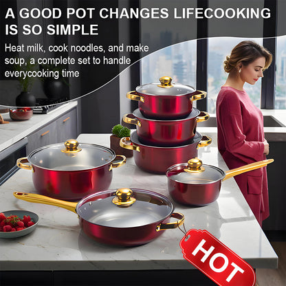 Red Cookware Set, 12-Piece ,Stainless Steel pots and pans,