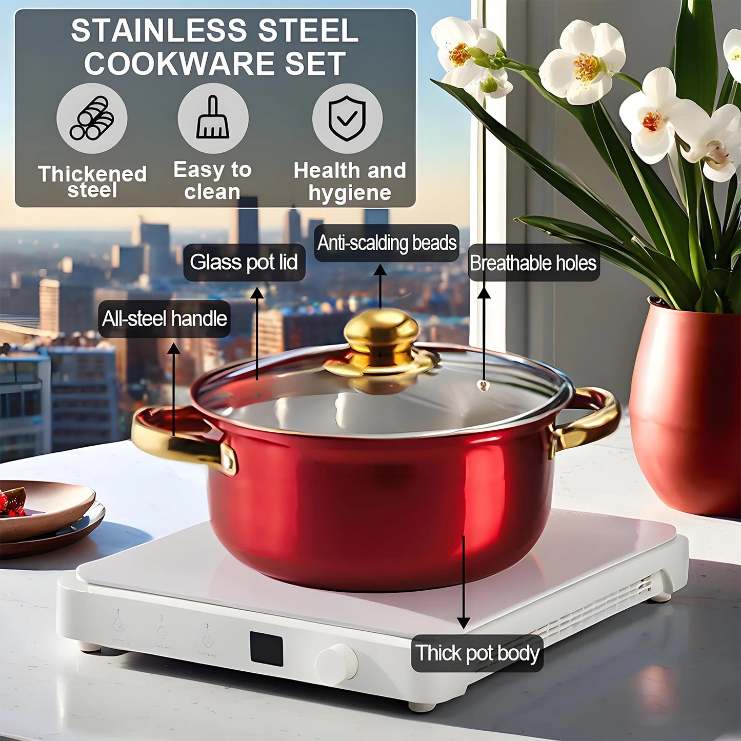 Red Cookware Set, 12-Piece ,Stainless Steel pots and pans,