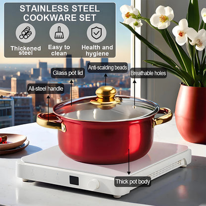 Red Cookware Set, 12-Piece ,Stainless Steel pots and pans,