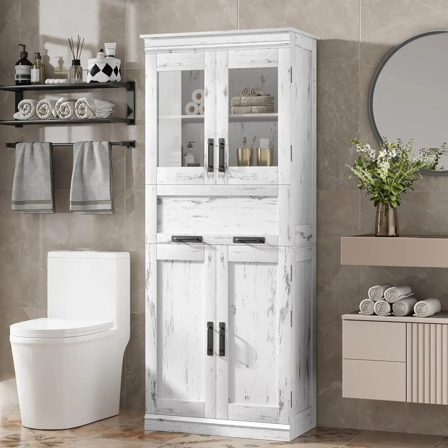 67" Tall Bathroom Storage Cabinet with Glass Doors and Drawer,