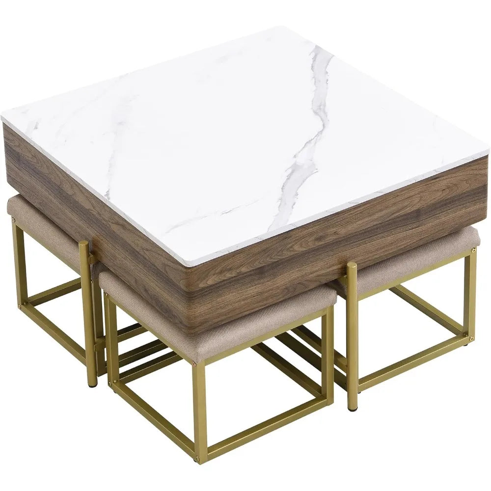 Modern Square Lift-Top Coffee Table Set with Storage & 4 Ottomans
