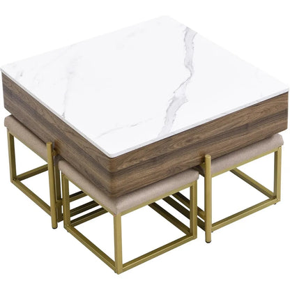 Modern Square Lift-Top Coffee Table Set with Storage & 4 Ottomans