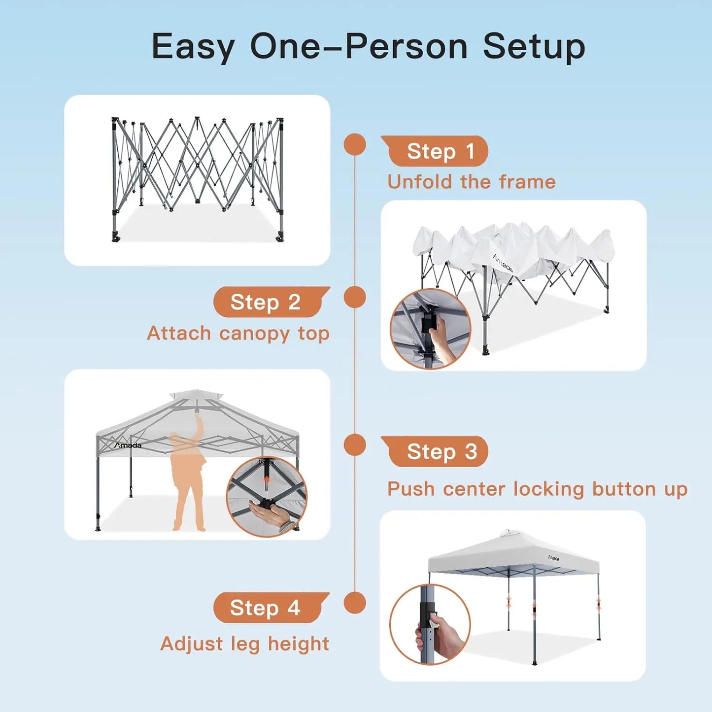 Amada 10x10 Pop Up Canopy - Center Lock One Push Instant Setup Wheeled Gazebo Outdoor Canopy Beach Tent with STO-N-Go Bag 8 Stak