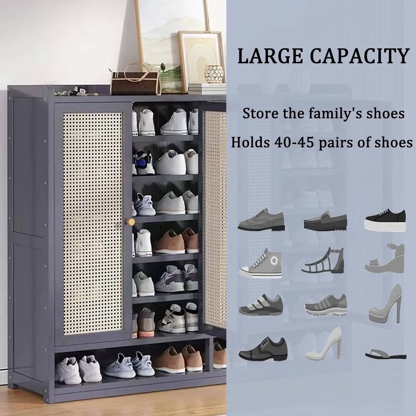 Bamboo Shoe Storage Cabinet With Doors, 38-42 Pairs