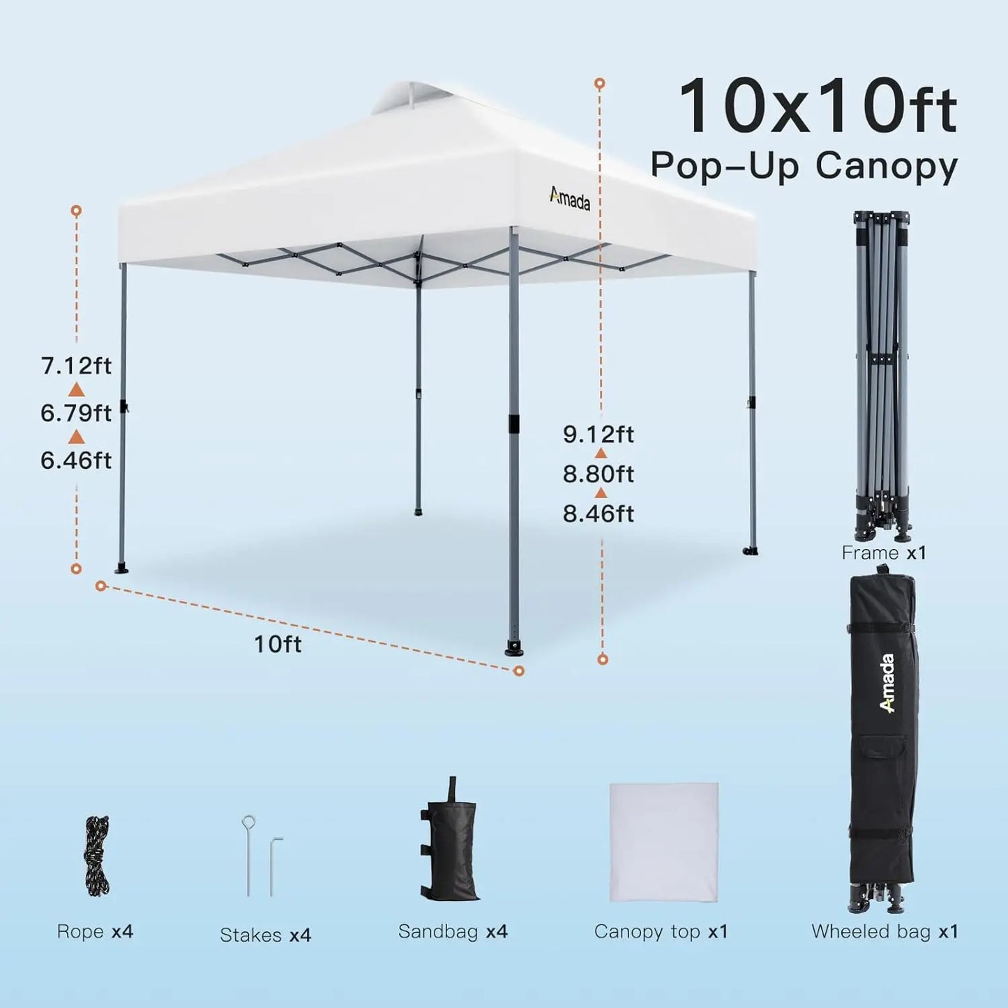 Amada 10x10 Pop Up Canopy - Center Lock One Push Instant Setup Wheeled Gazebo Outdoor Canopy Beach Tent with STO-N-Go Bag 8 Stak
