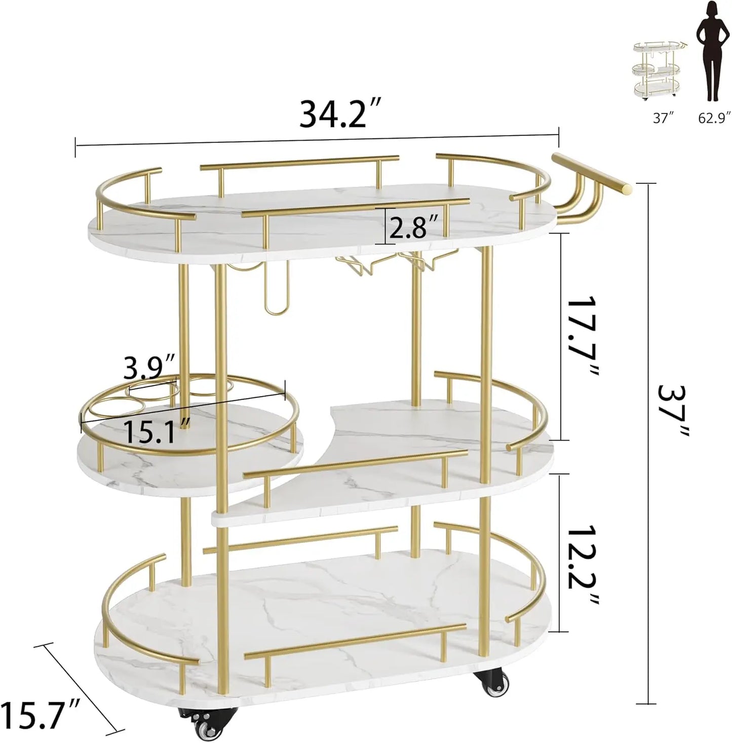 Gold Bar Cart with 4-Tiers Storage