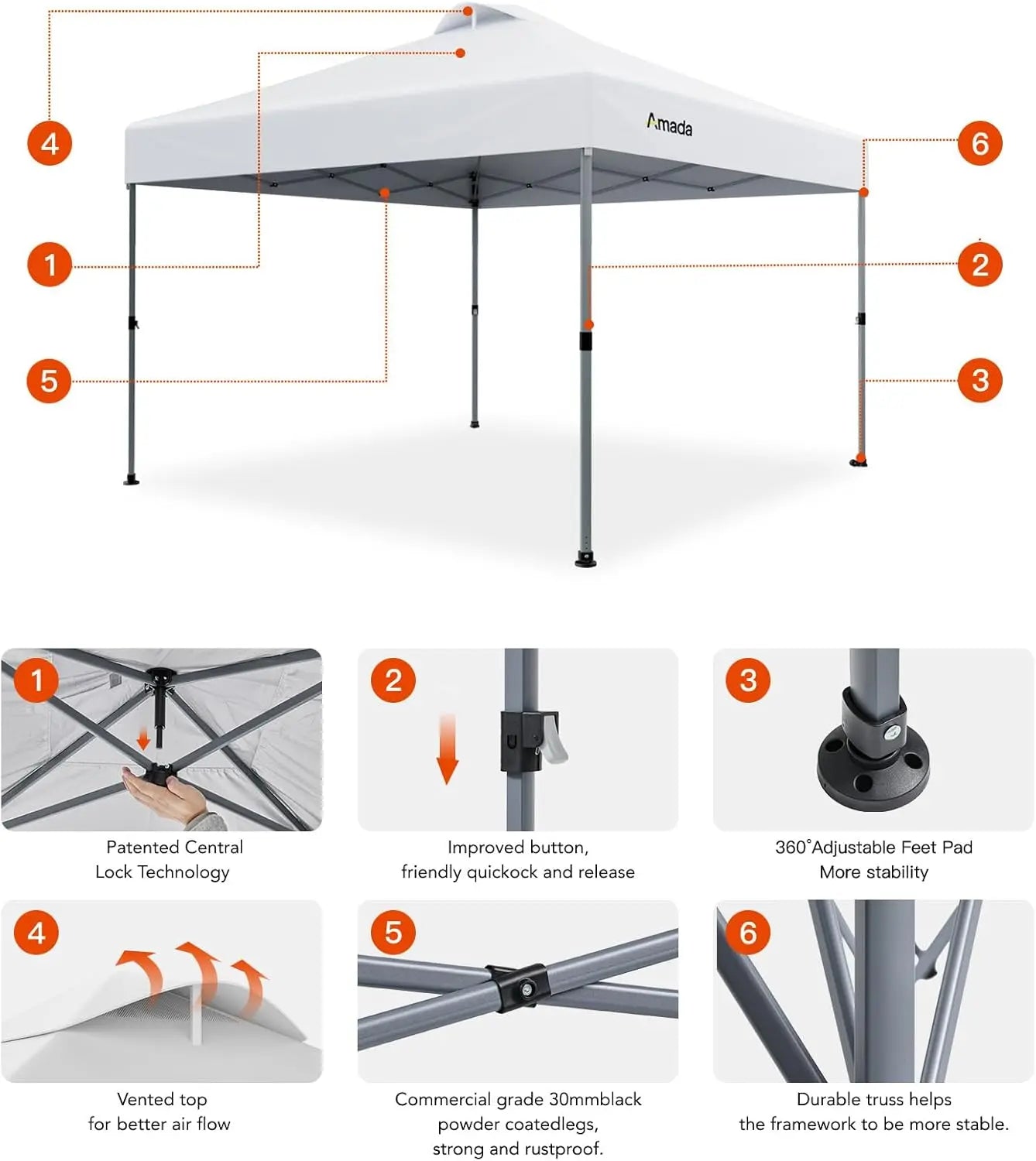 Amada 10x10 Pop Up Canopy - Center Lock One Push Instant Setup Wheeled Gazebo Outdoor Canopy Beach Tent with STO-N-Go Bag 8 Stak