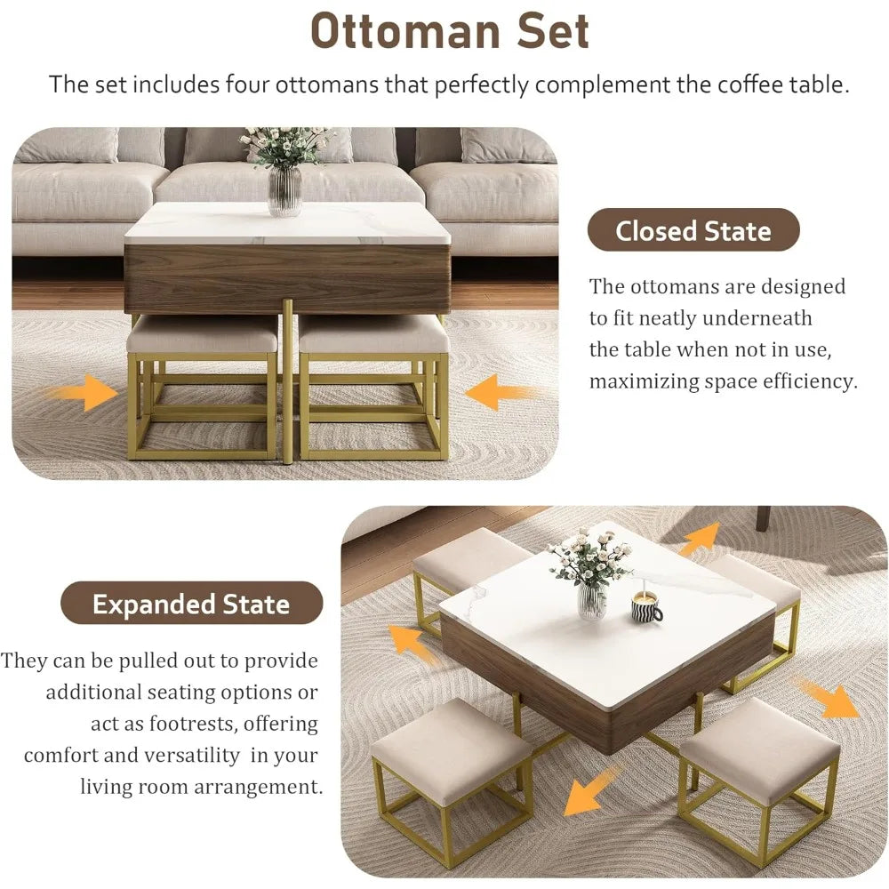 Modern Square Lift-Top Coffee Table Set with Storage & 4 Ottomans