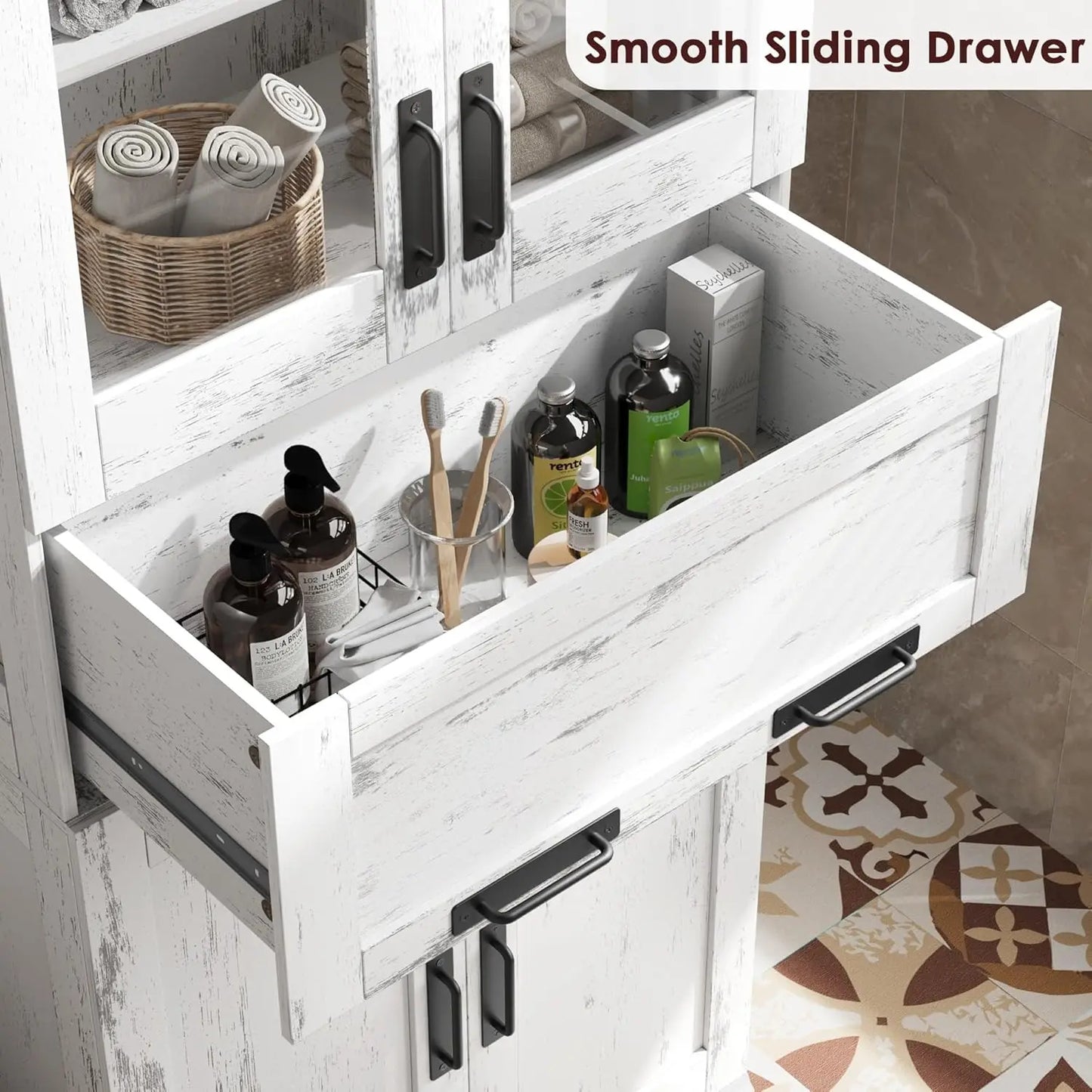 67" Tall Bathroom Storage Cabinet with Glass Doors and Drawer,
