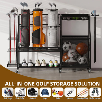 Rolling Golf Bag And Sports Accessory Organizer For Garage
