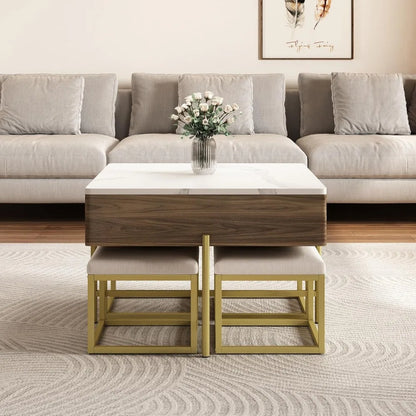 Modern Square Lift-Top Coffee Table Set with Storage & 4 Ottomans