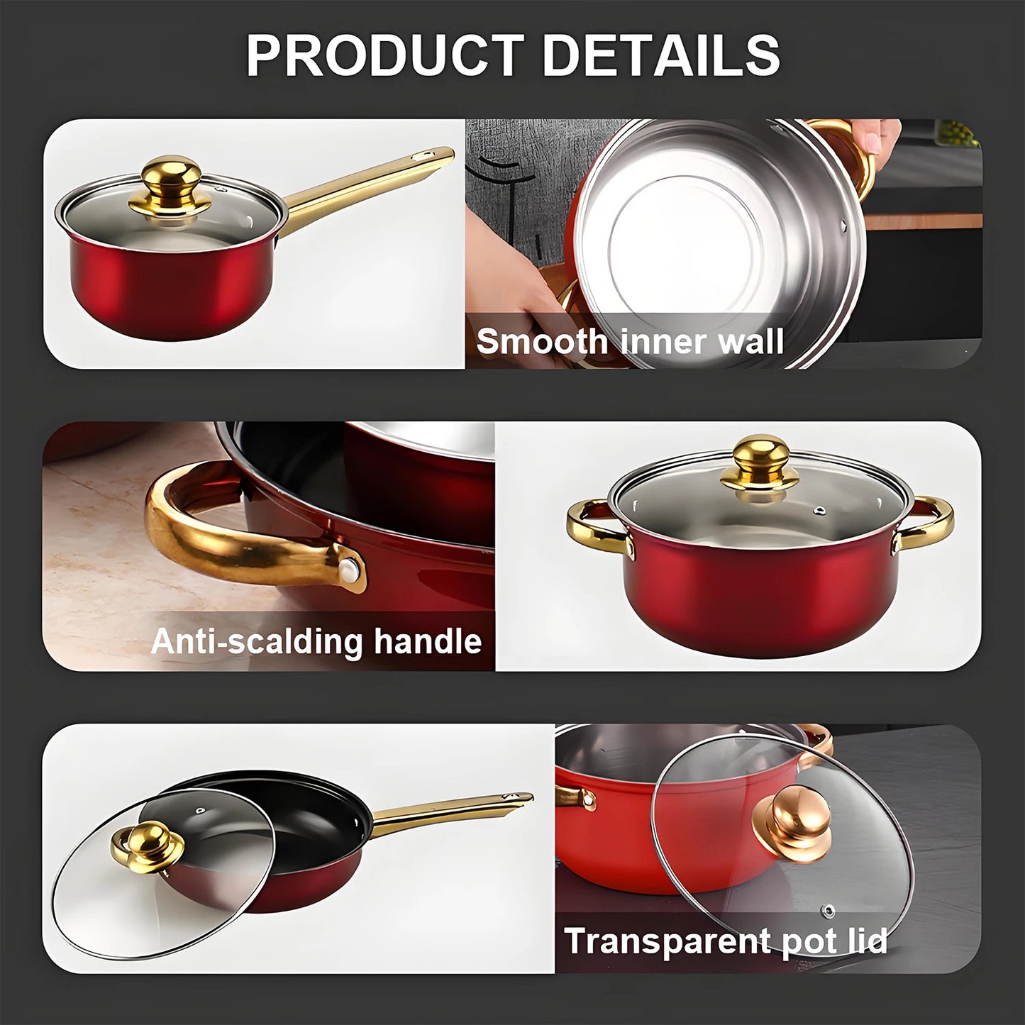 Red Cookware Set, 12-Piece ,Stainless Steel pots and pans,