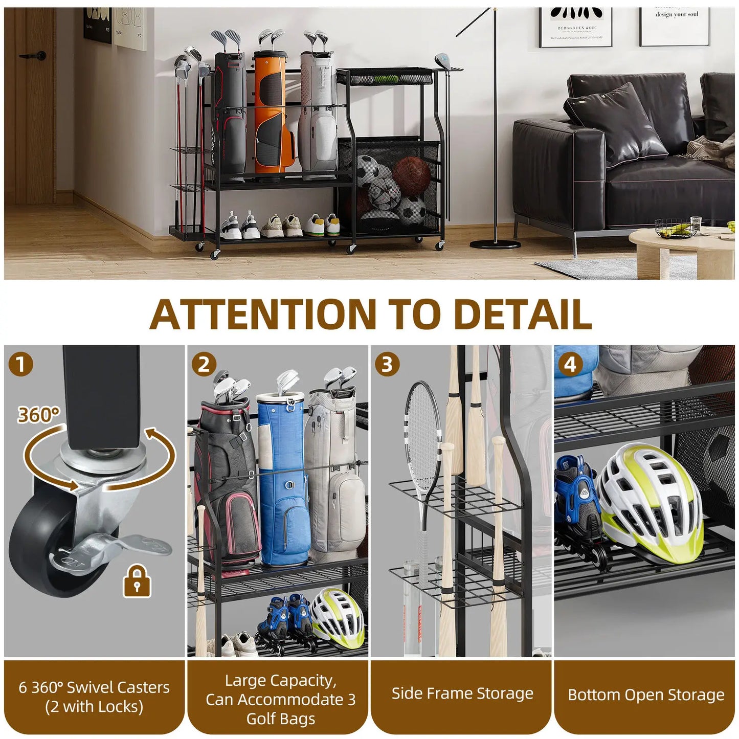 Rolling Golf Bag And Sports Accessory Organizer For Garage