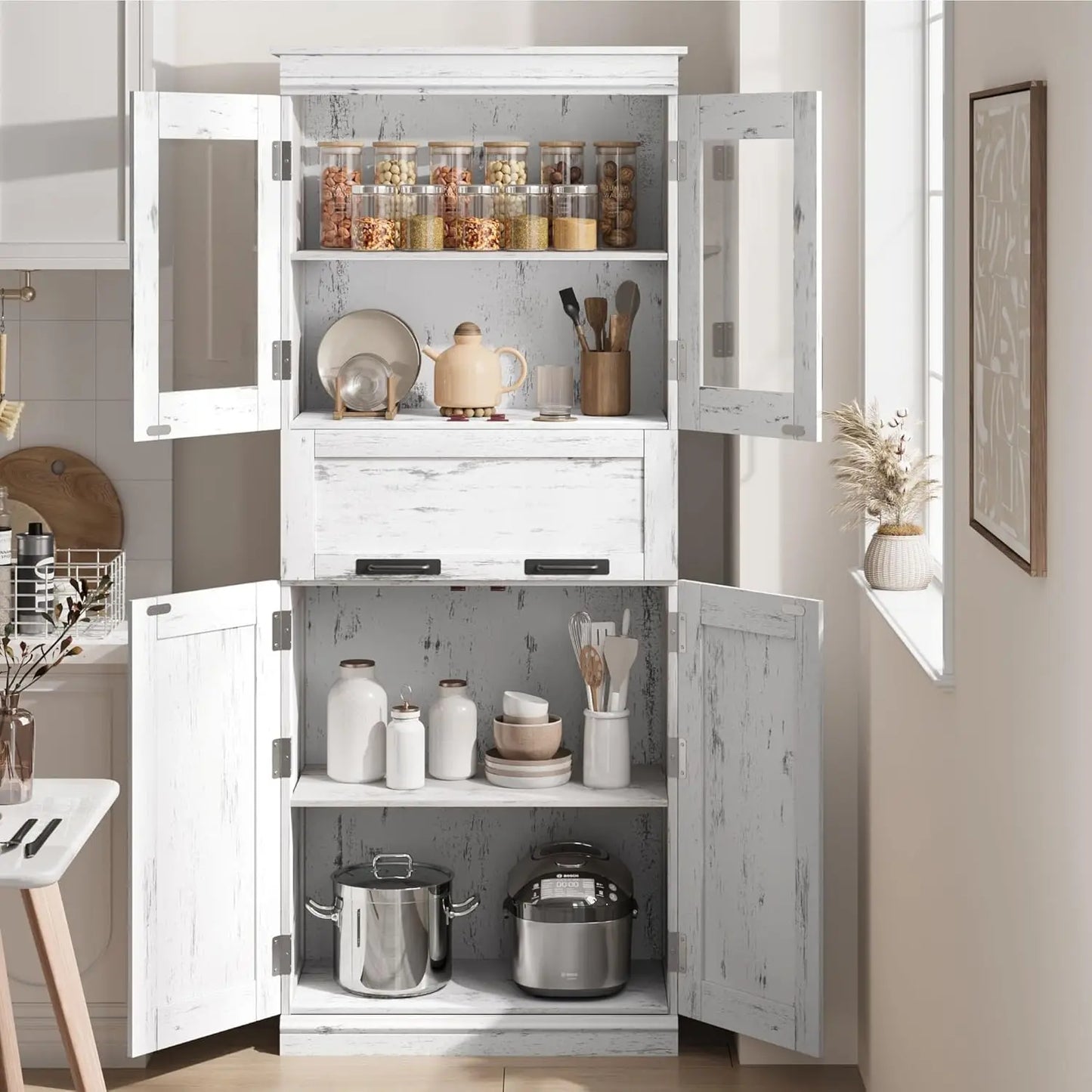 67" Tall Bathroom Storage Cabinet with Glass Doors and Drawer,