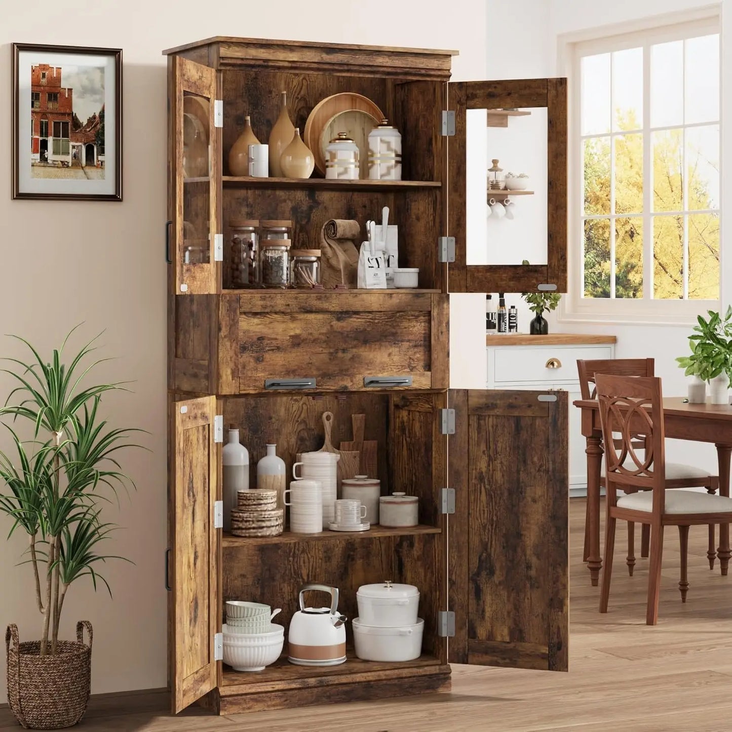67" Tall Bathroom Storage Cabinet with Glass Doors and Drawer,