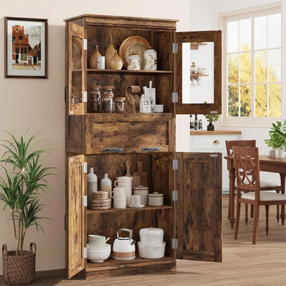 67" Tall Bathroom Storage Cabinet with Glass Doors and Drawer,