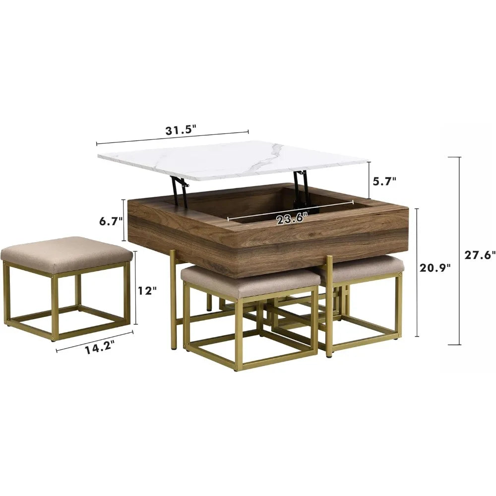 Modern Square Lift-Top Coffee Table Set with Storage & 4 Ottomans
