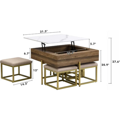 Modern Square Lift-Top Coffee Table Set with Storage & 4 Ottomans