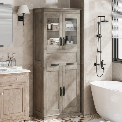 67" Tall Bathroom Storage Cabinet with Glass Doors and Drawer,