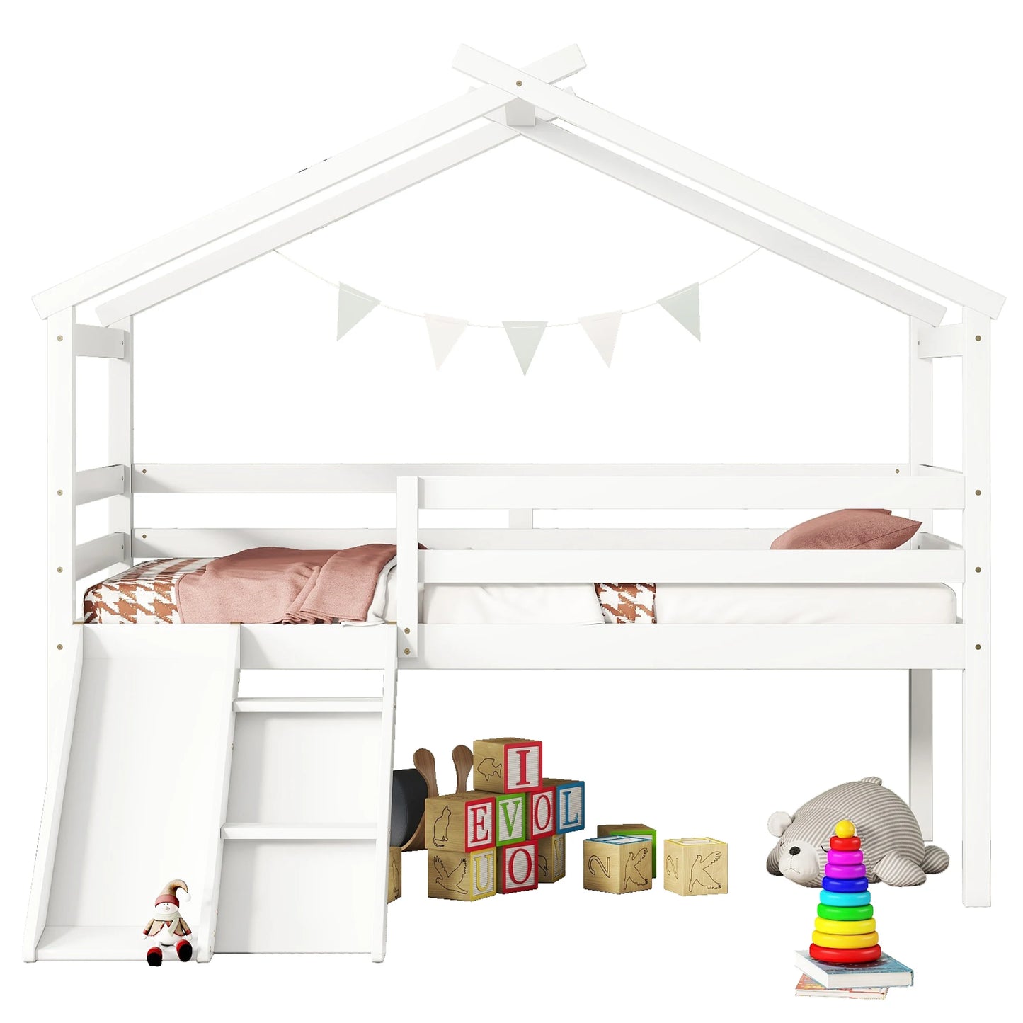Loft House Bed With Slide, Ladder, Safety Guardrails
