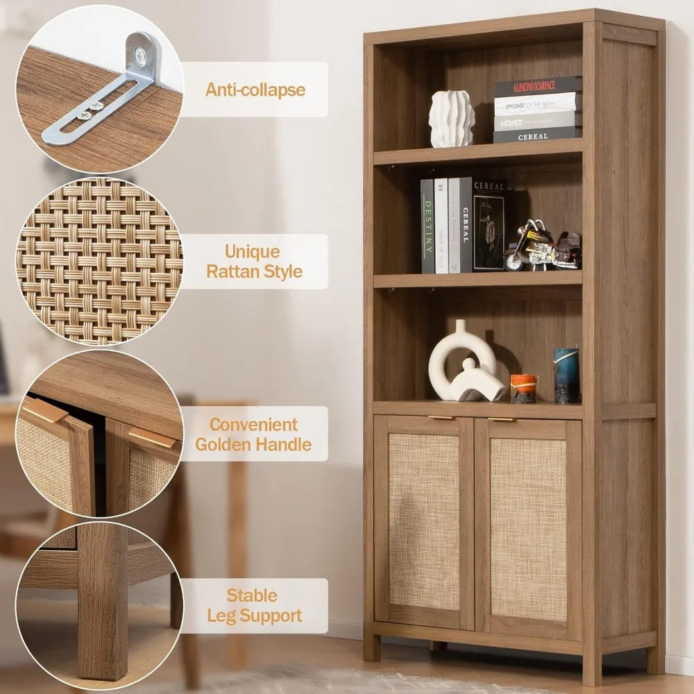 Boho Bookcase 71" Tall  Rattan Doors