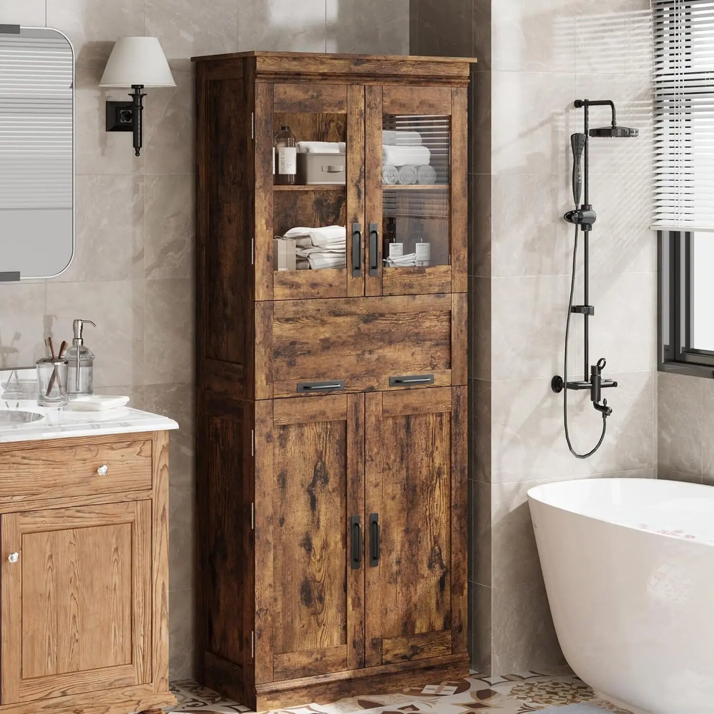 67" Tall Bathroom Storage Cabinet with Glass Doors and Drawer,