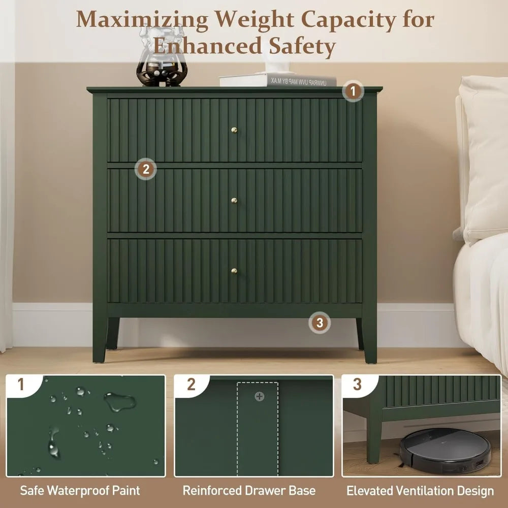 32" Green Fluted 3 Drawer Dresser