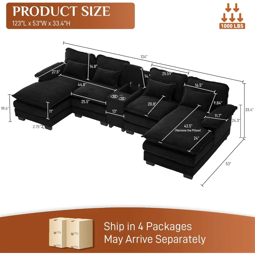 124" Black Sectional Couch Sofa