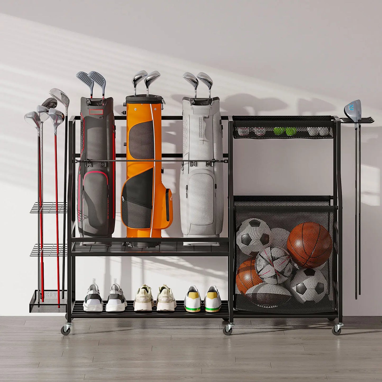 Rolling Golf Bag And Sports Accessory Organizer For Garage