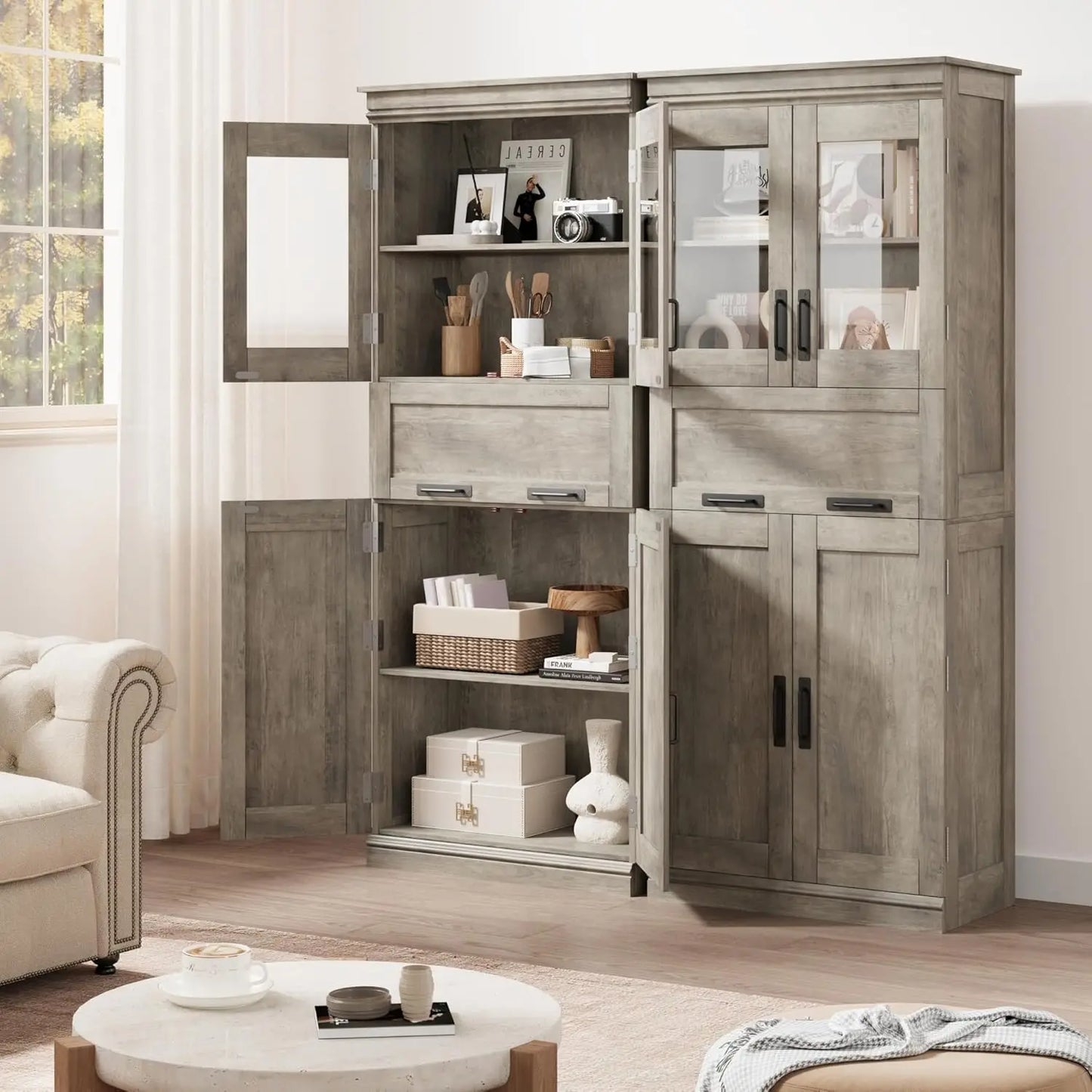 67" Tall Bathroom Storage Cabinet with Glass Doors and Drawer,