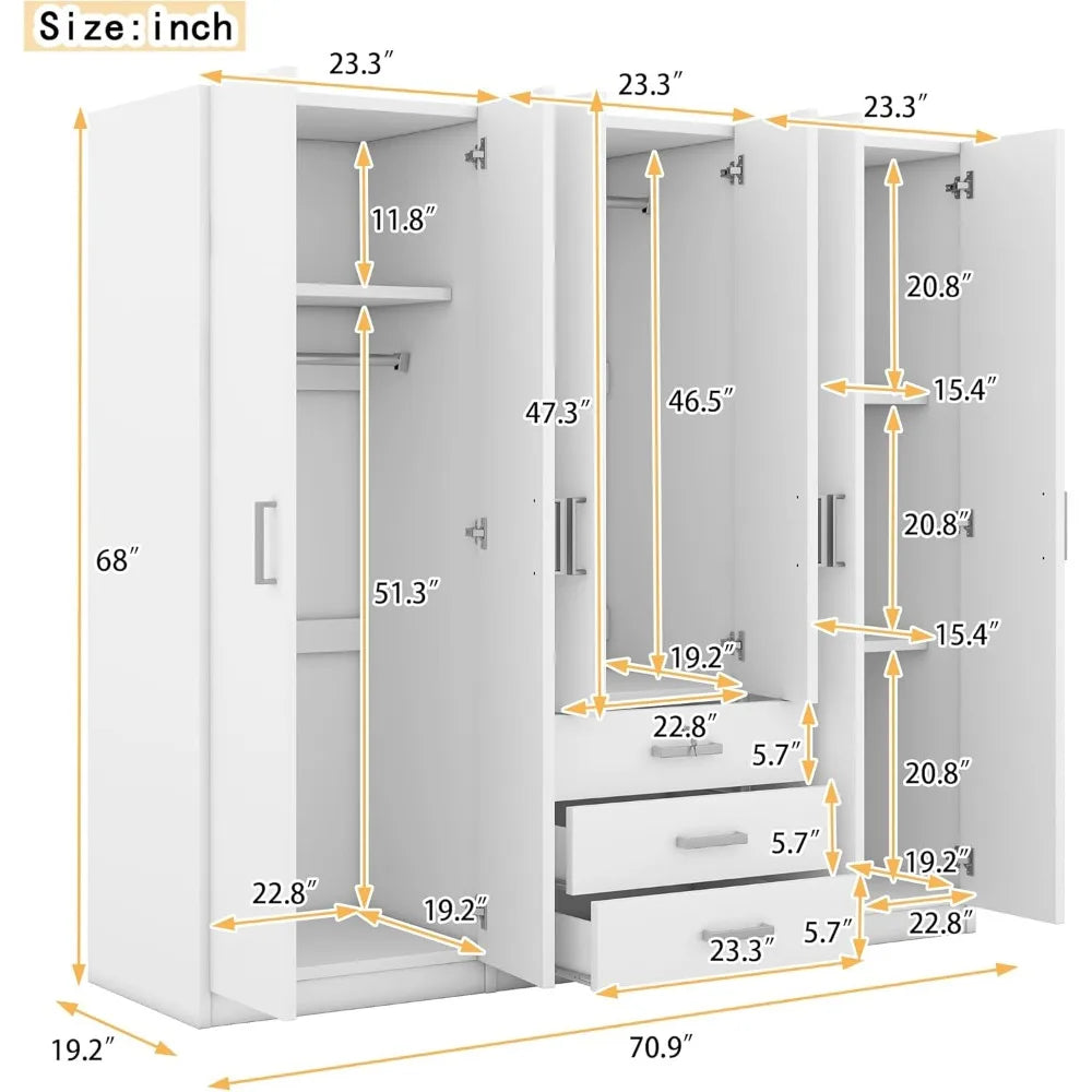 70.9" Wardrobe Closet 6 Doors