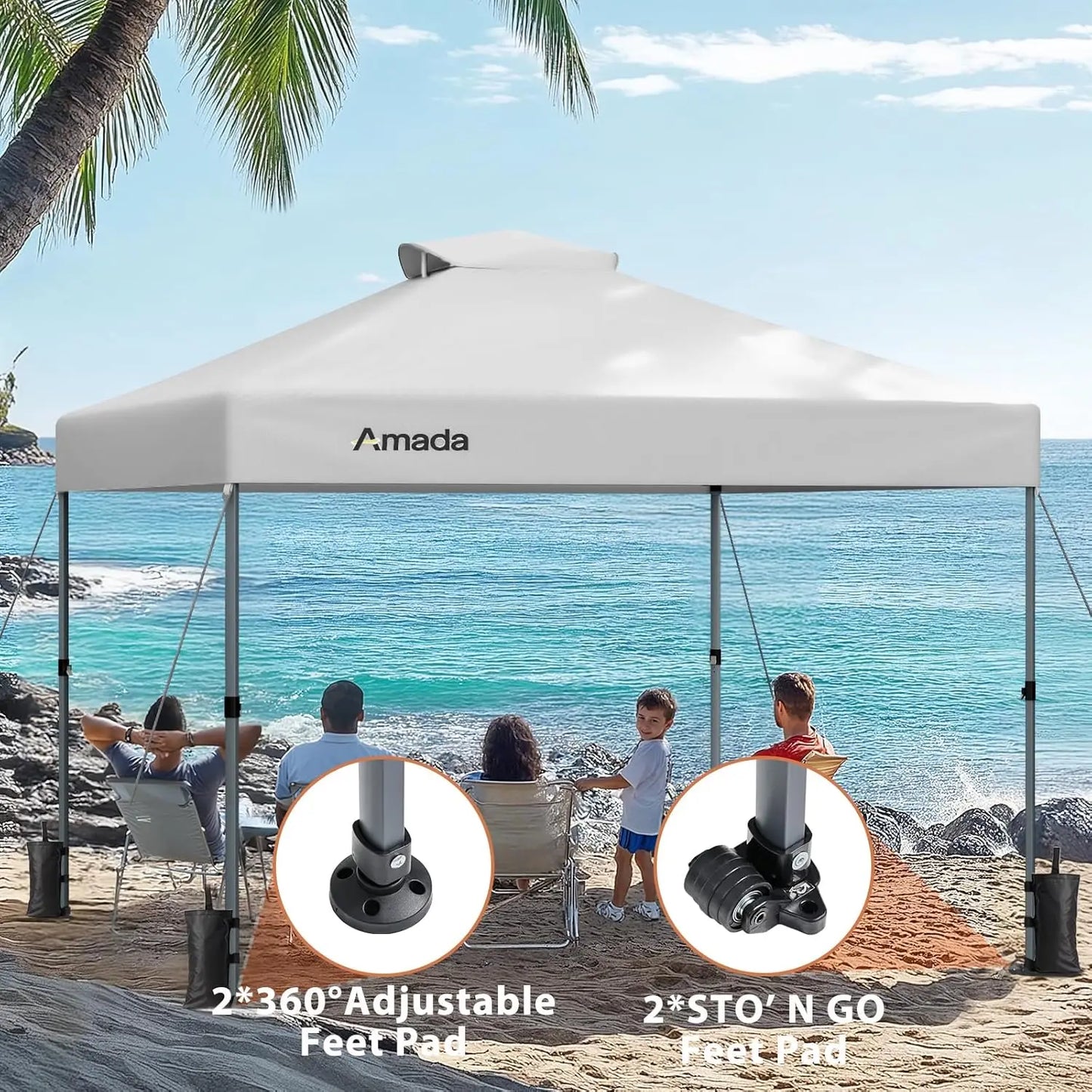 Amada 10x10 Pop Up Canopy - Center Lock One Push Instant Setup Wheeled Gazebo Outdoor Canopy Beach Tent with STO-N-Go Bag 8 Stak