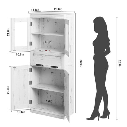 67" Tall Bathroom Storage Cabinet with Glass Doors and Drawer,