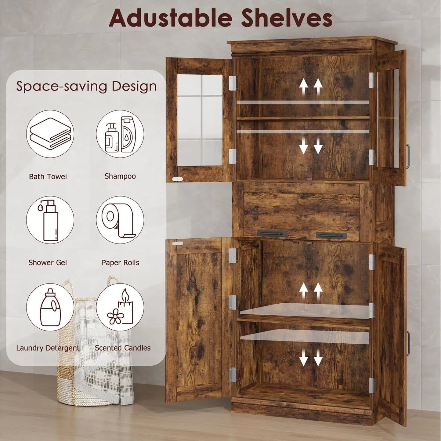 67" Tall Bathroom Storage Cabinet with Glass Doors and Drawer,